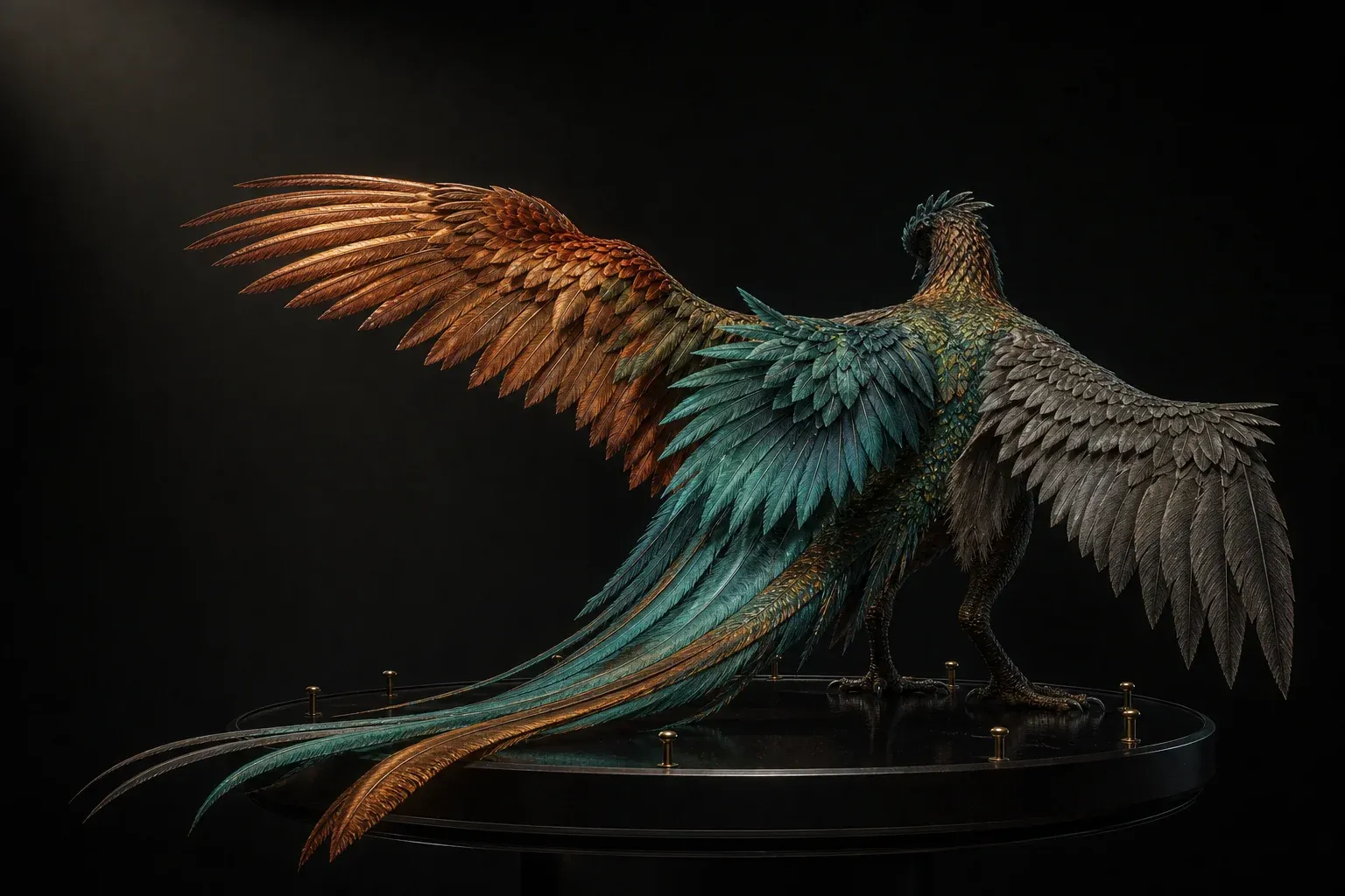 A studio-lit revived plumed reptile on black glass, its three differently colored feather layers fanned open against a dark backdrop.