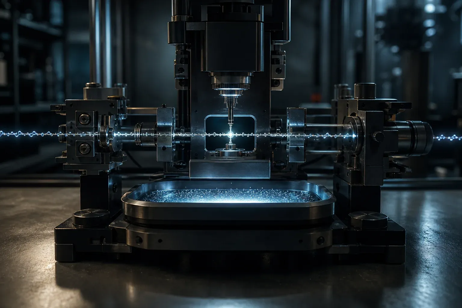 A lab instrument pulls a glowing DNA strand through a reader, small blue marks clinging along its length.