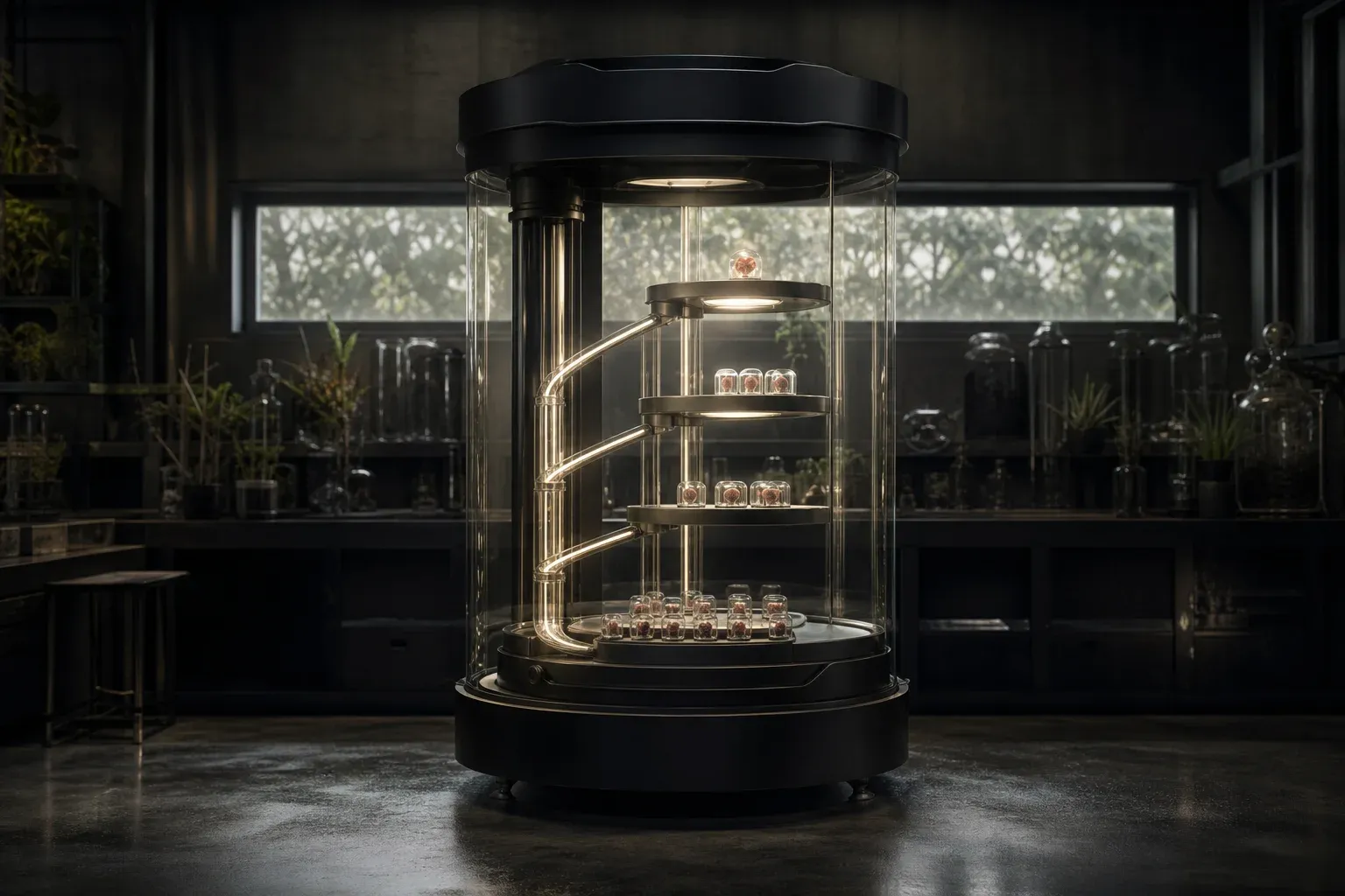A glass sorting machine with four stepped shelves holding sealed capsules, the single capsule on the top shelf glowing brightest.