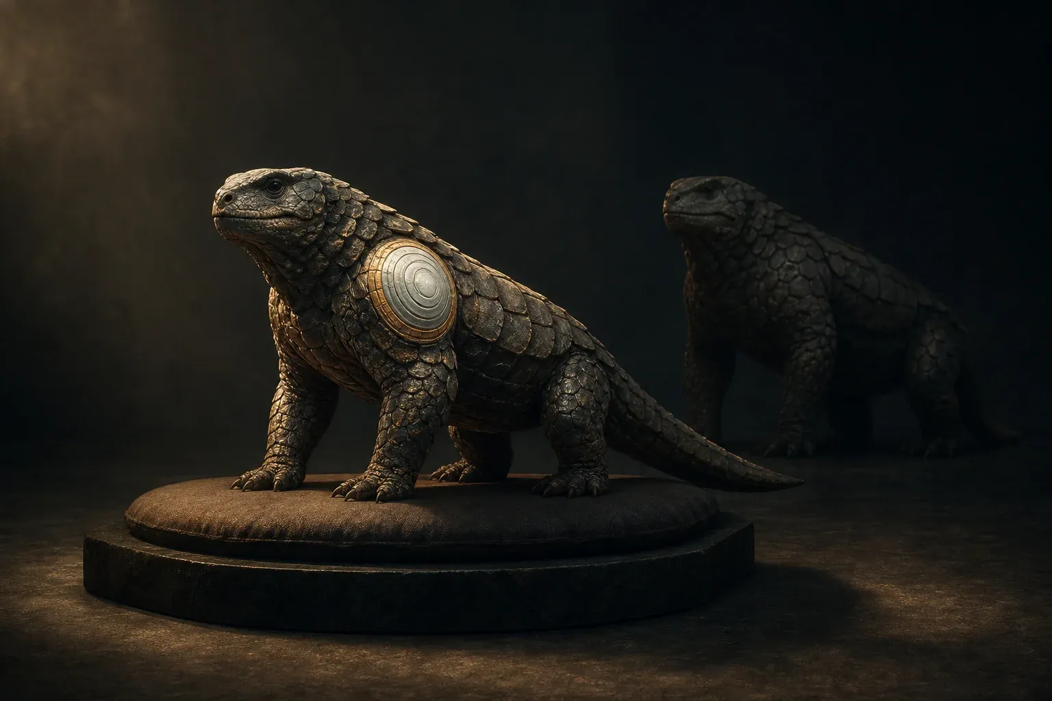 An armoured reptile with a glowing plate set into its shoulder stands in front of an identical animal that has none.