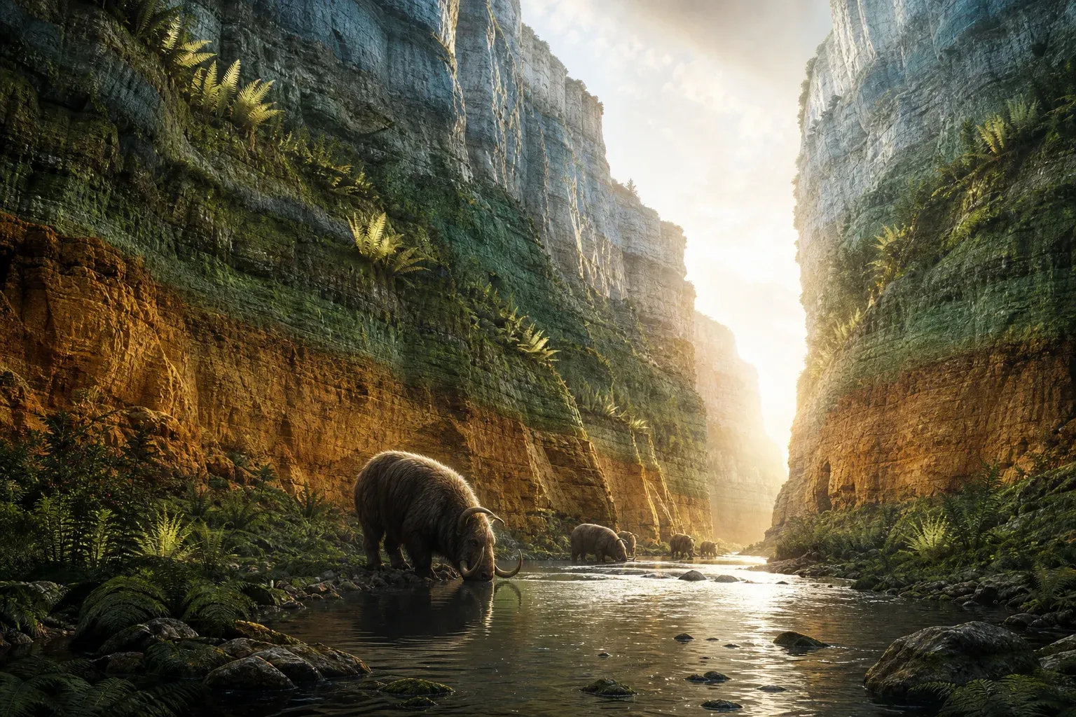 A river gorge with cliffs glowing in amber, green and blue bands, and woolly animals drinking at the water below.