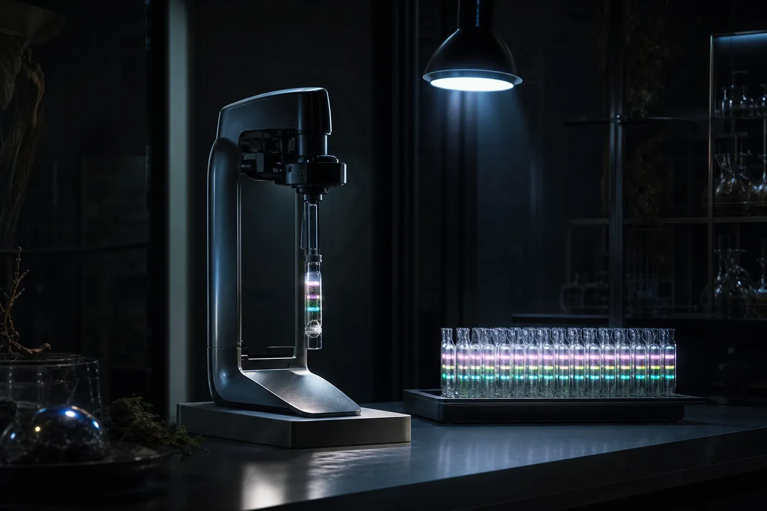 A laboratory machine wraps an implant in clear film ringed with coloured light, beside a tray of identical wrapped implants.