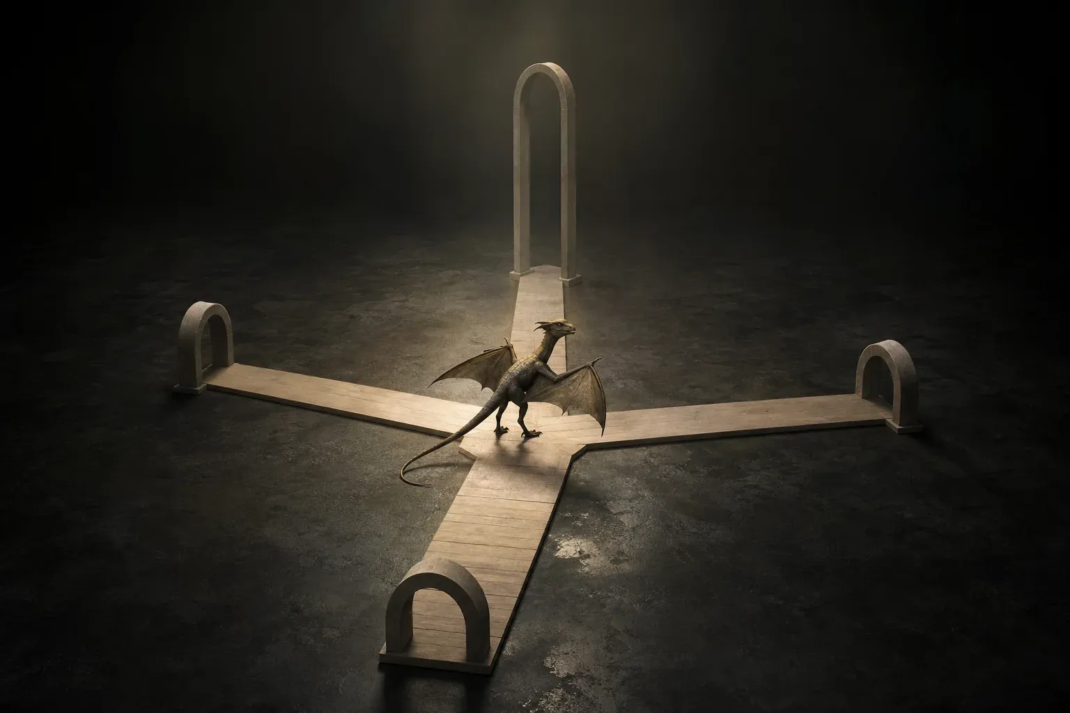A winged reptile stands where four wooden walkways meet, each leading to an arch of a different height.