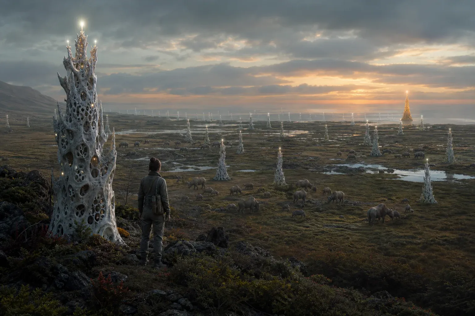 A coastal plain at dusk dotted with slender coral towers topped with white lights, one distant tower shining amber.