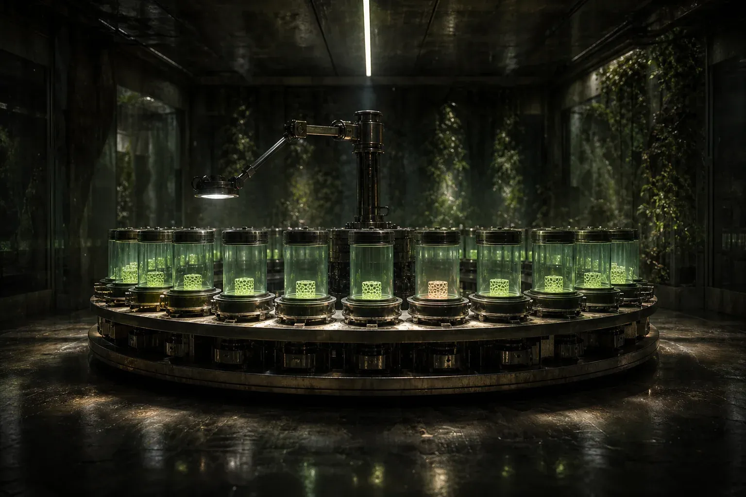 A carousel of identical glass vessels growing tissue, scanned by a ring of light, with all but one glowing green.