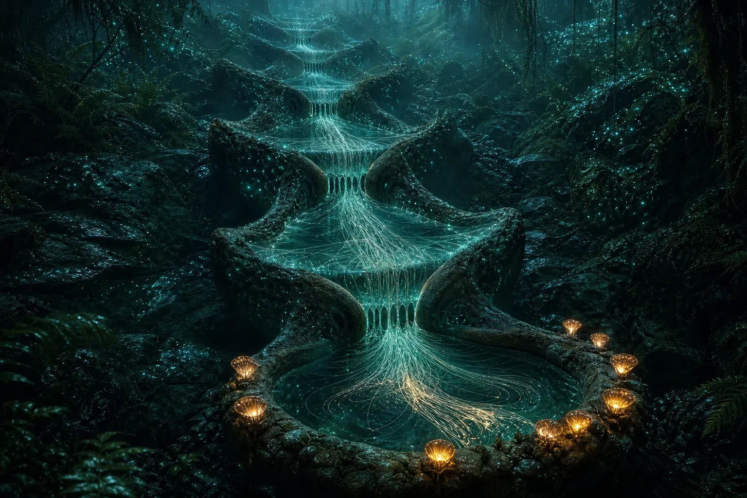A glowing river of pale filaments cascades through stone sorting weirs in a misty forest, with a few strands flaring amber.