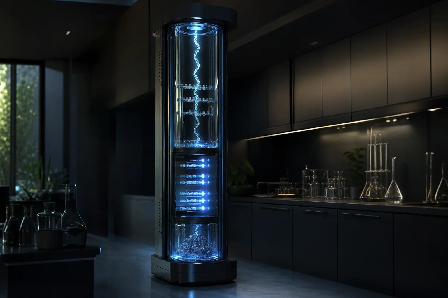 A lab instrument pulls a glowing DNA strand through combs that capture a few bright fragments into a lit channel.