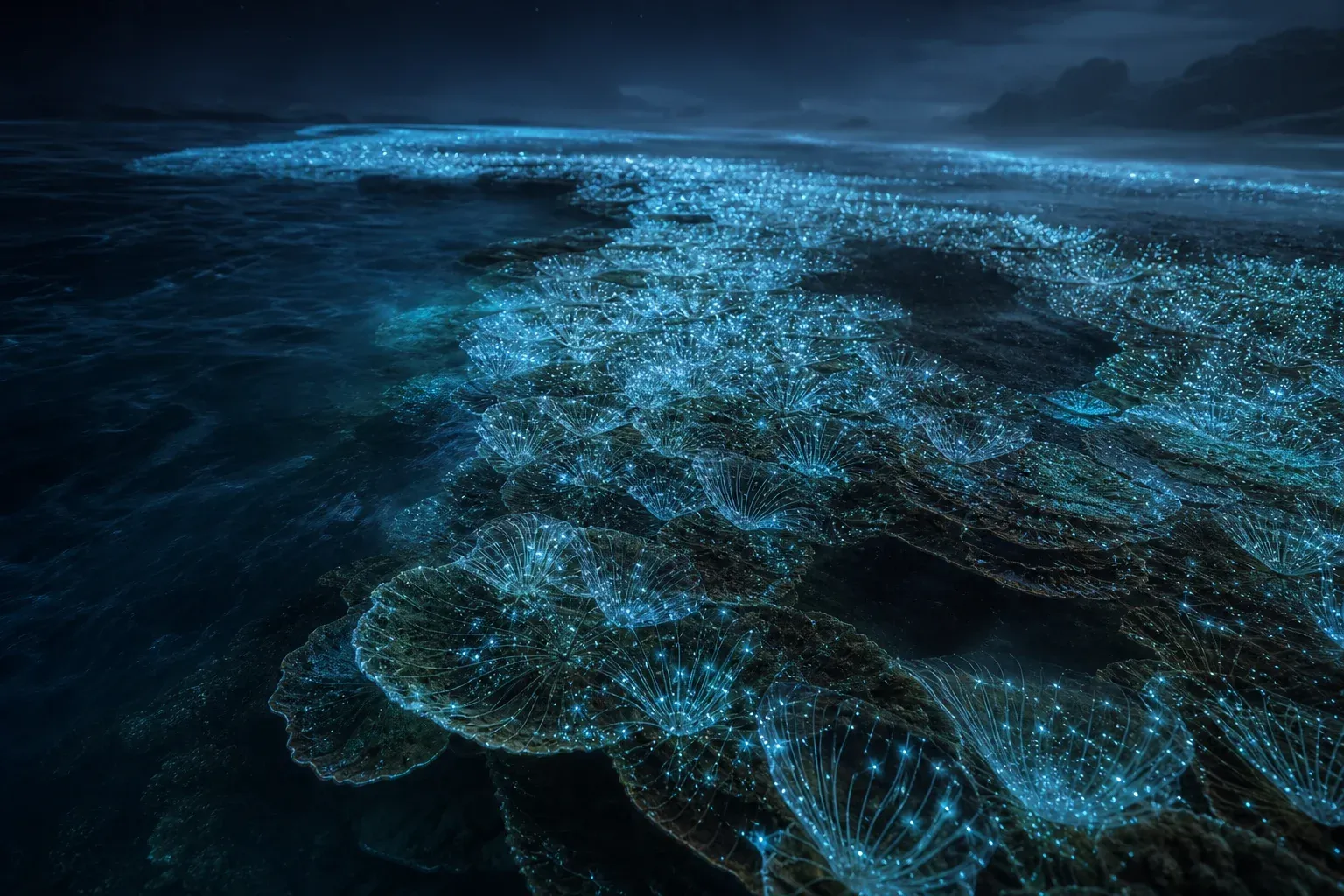 A glowing night reef where filament nets catch drifting sparks of light, with dark gaps where the nets caught nothing.
