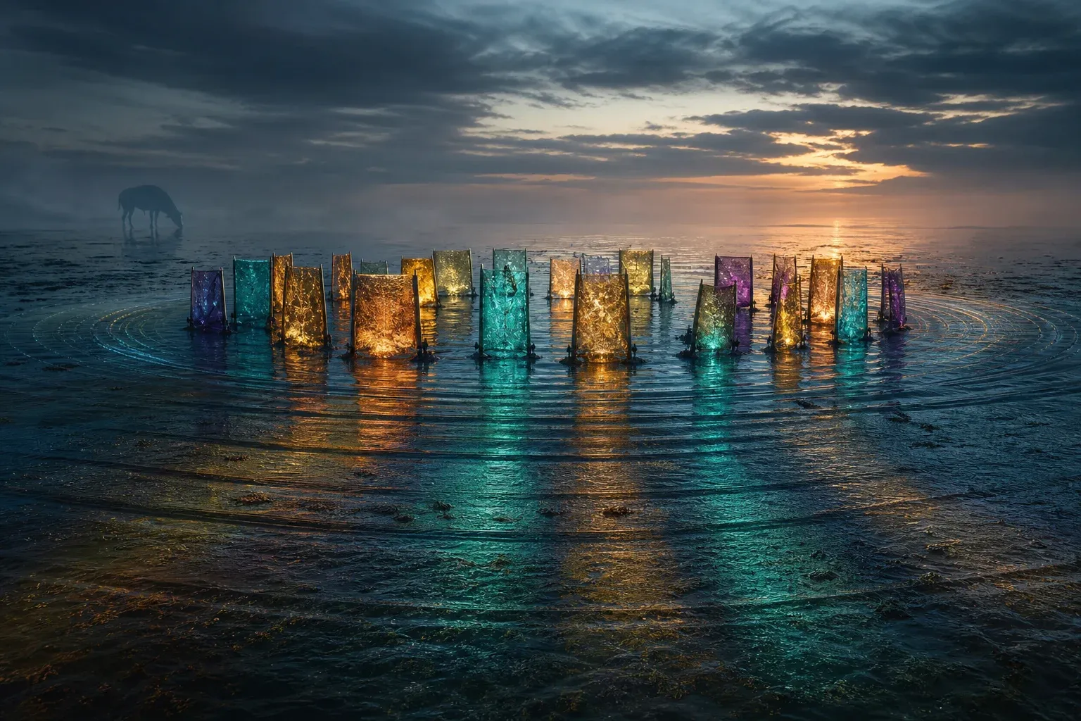 A grid of glowing translucent panels standing in a shallow lagoon at dusk, filtering the tide, with tide rings in the sand around them.