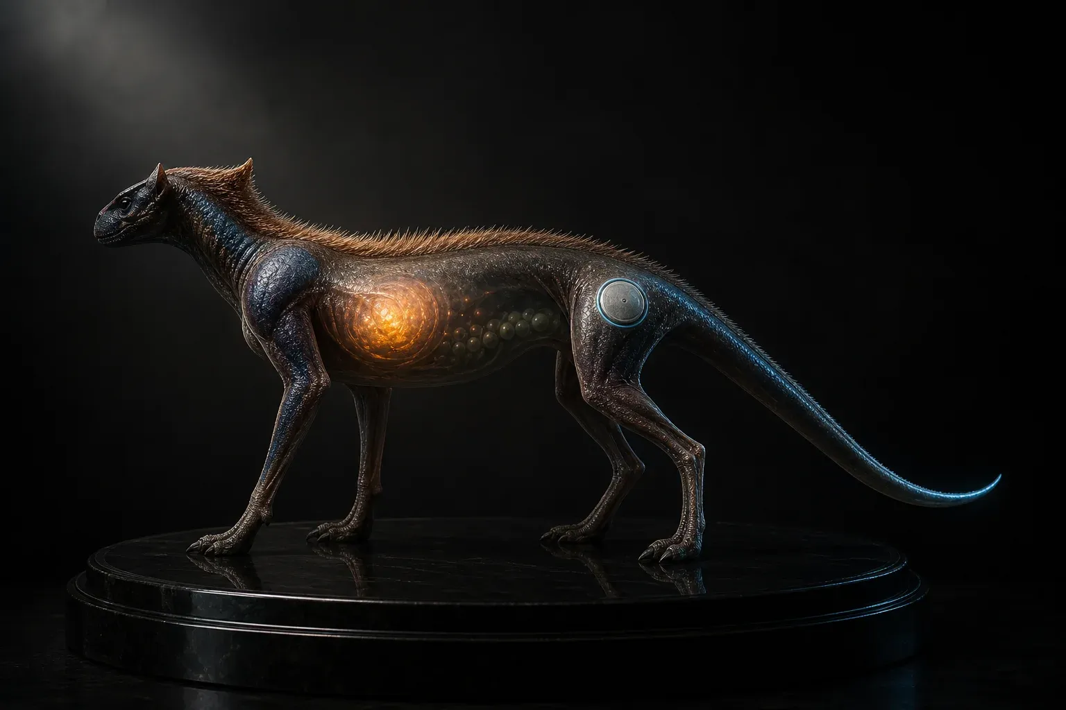 Studio-lit hybrid creature on a black plinth, its translucent flank showing one steadily glowing amber organ and dim cooler nodes.