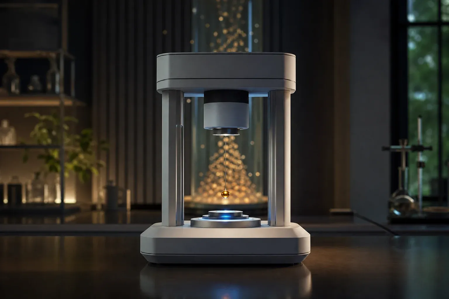 A single glowing droplet levitates in a white lab instrument, with hundreds of blurred similar droplets suspended in a glass column behind it.