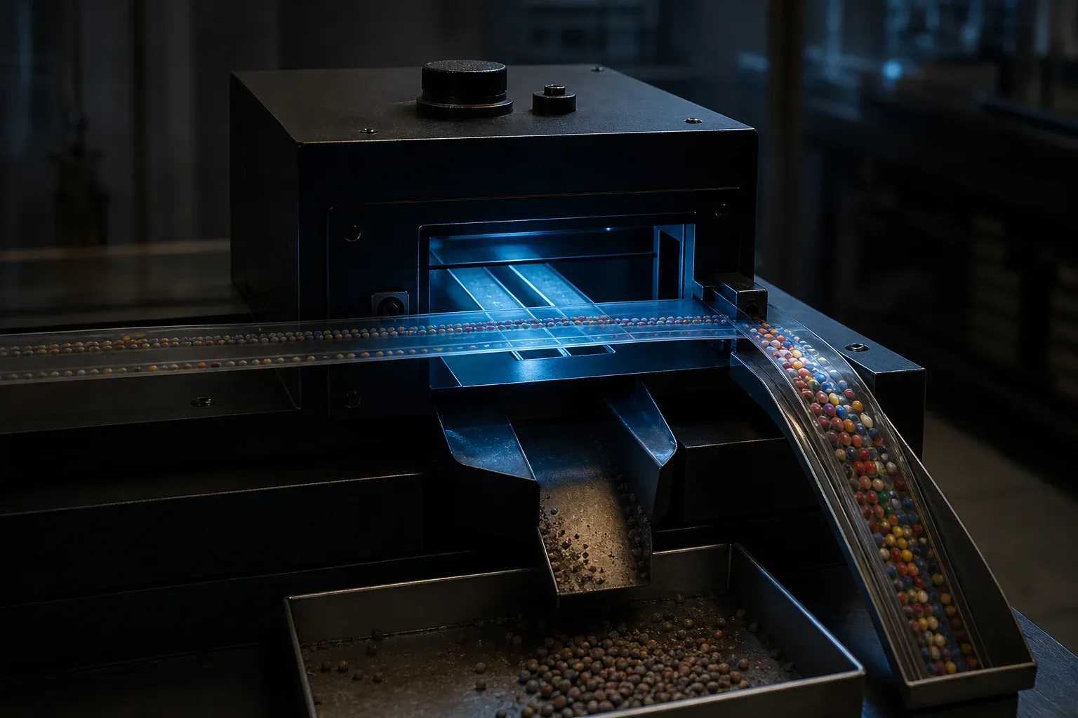 Two transparent ribbons of colored beads pass through a lit inspection gate in a dark lab, dim beads falling into a tray.