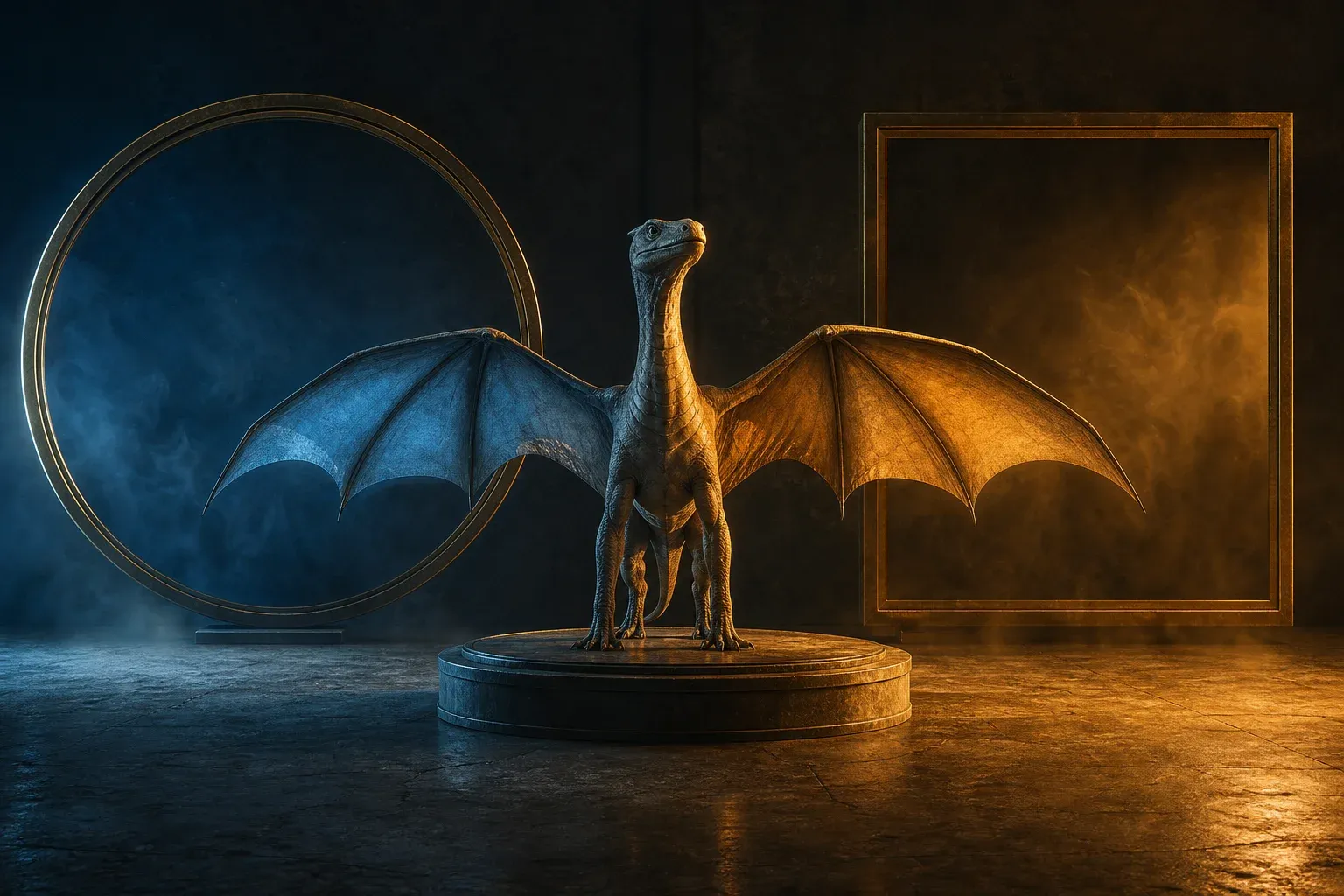 A winged reptile stands between a circular and a square brass frame, lit blue on one side and amber on the other.