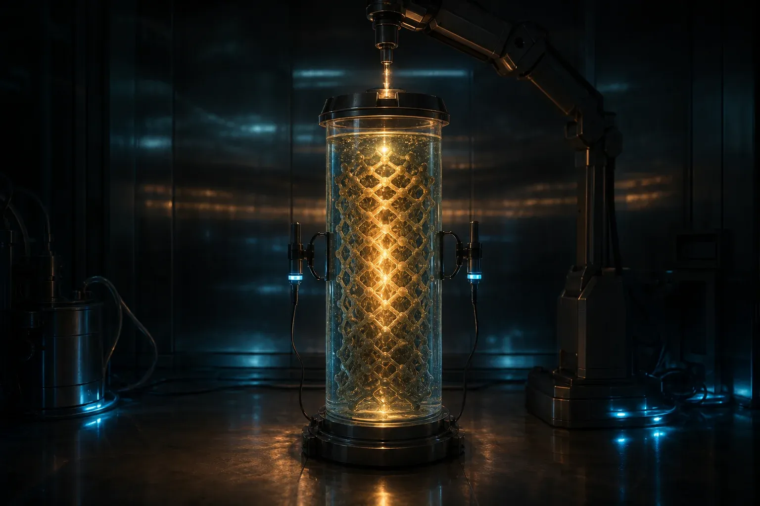 A glass column of glowing living tissue in a dark lab, with a bright wave of light traveling down it between two paired sensor probes.