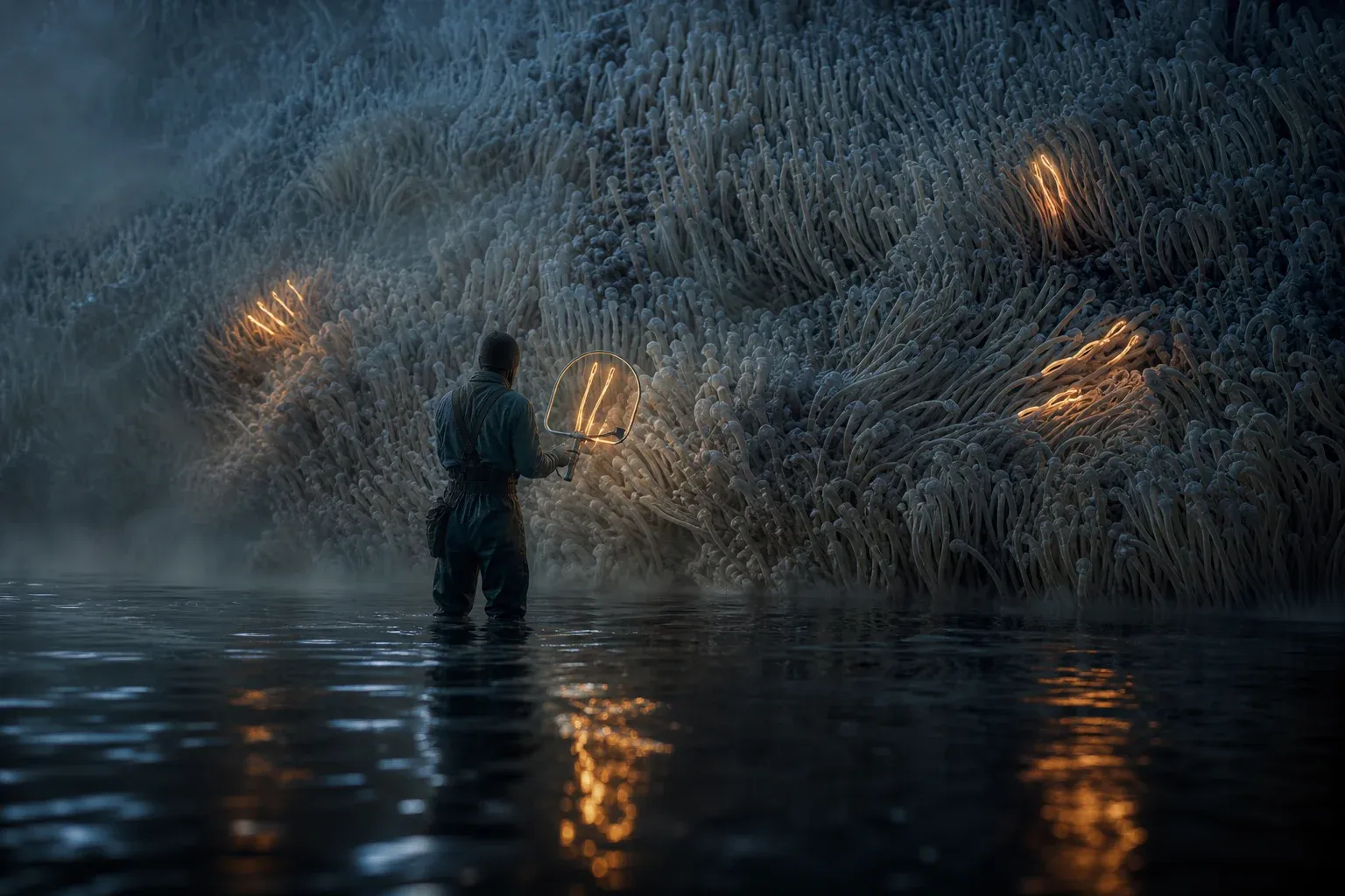 A wader holds a lens frame over a vast coral-like wall of pale filaments, a few glowing amber among millions of dim ones.