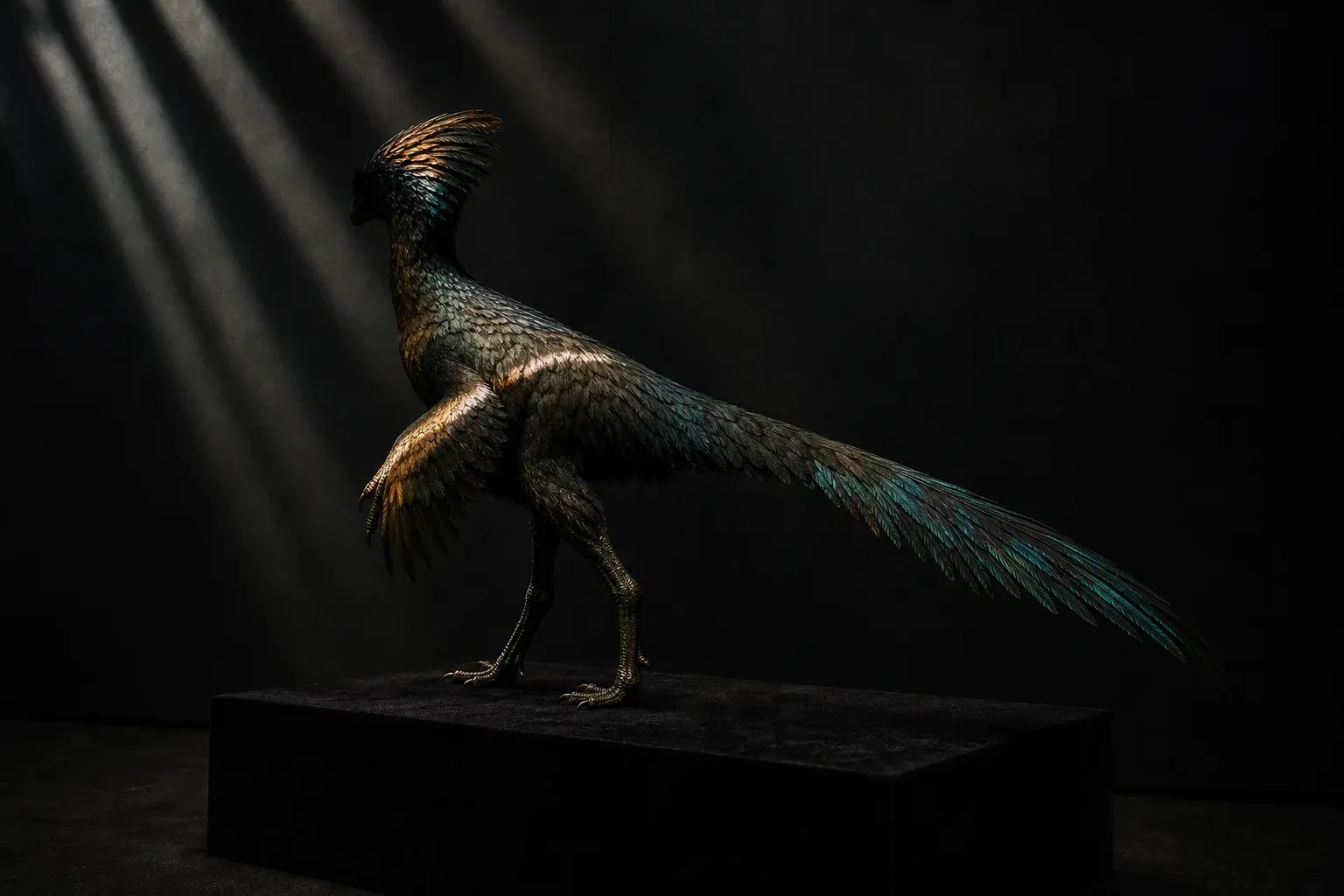 A feathered dinosaur specimen on a black plinth, lit only in narrow bright stripes with the rest of its body in shadow.