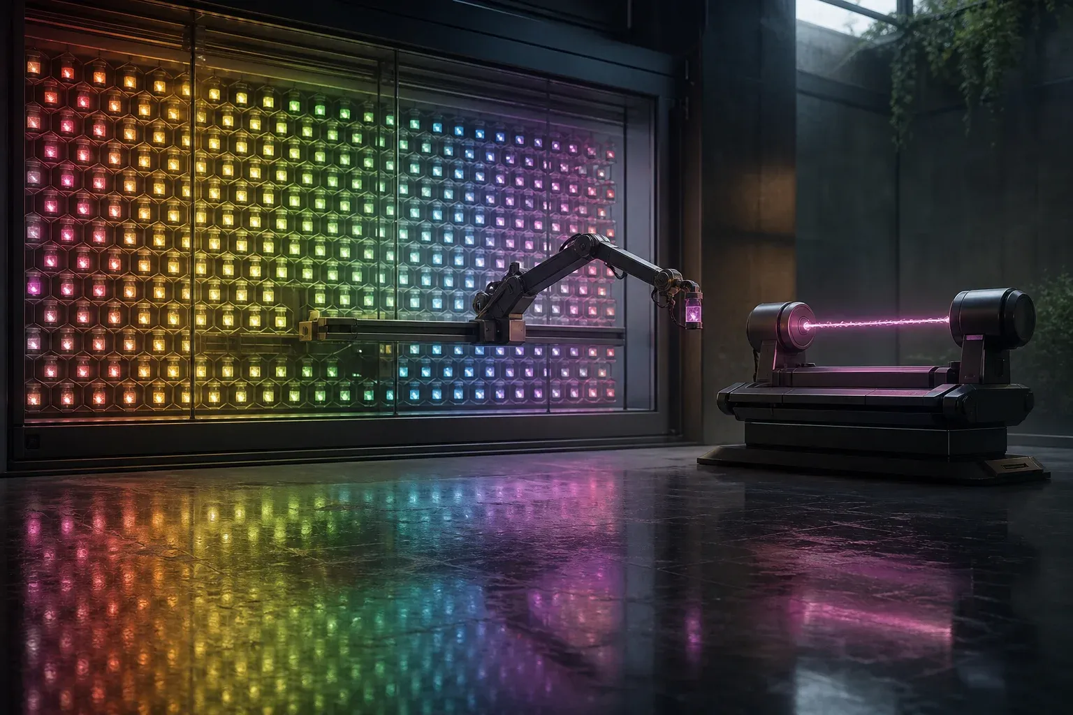A robotic arm selects one glowing vial from a honeycomb wall of colored vials beside a machine holding a lit DNA strand.