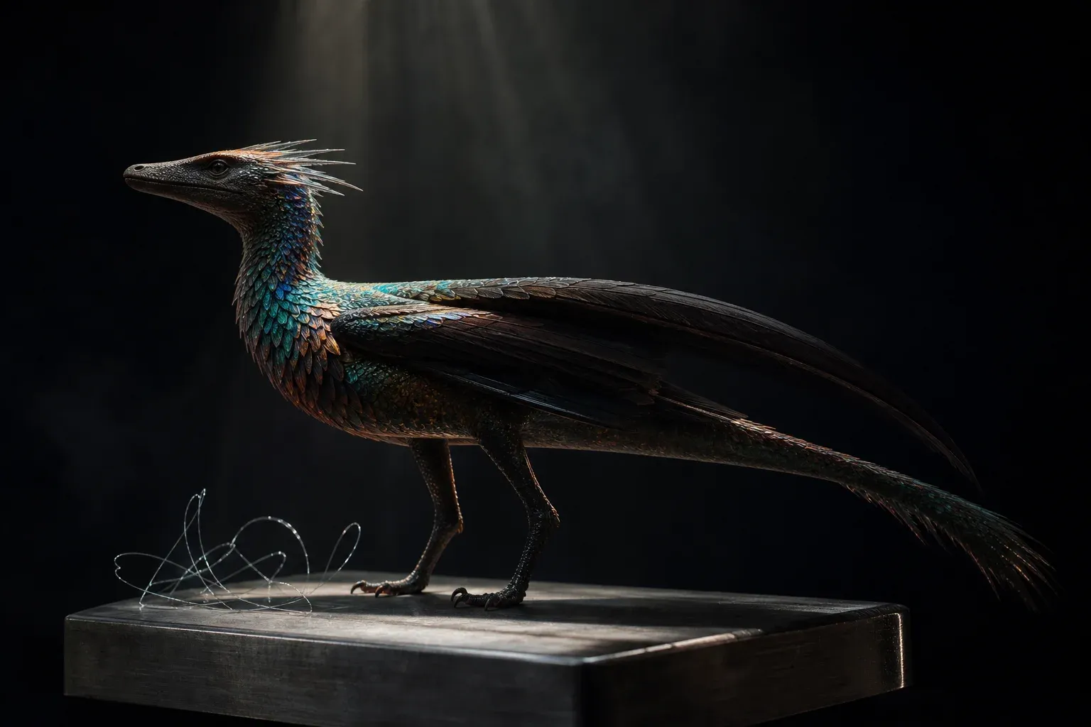 An iridescent winged reptile specimen on a steel block in darkness, with a single beam lighting only a small patch of its shoulder.