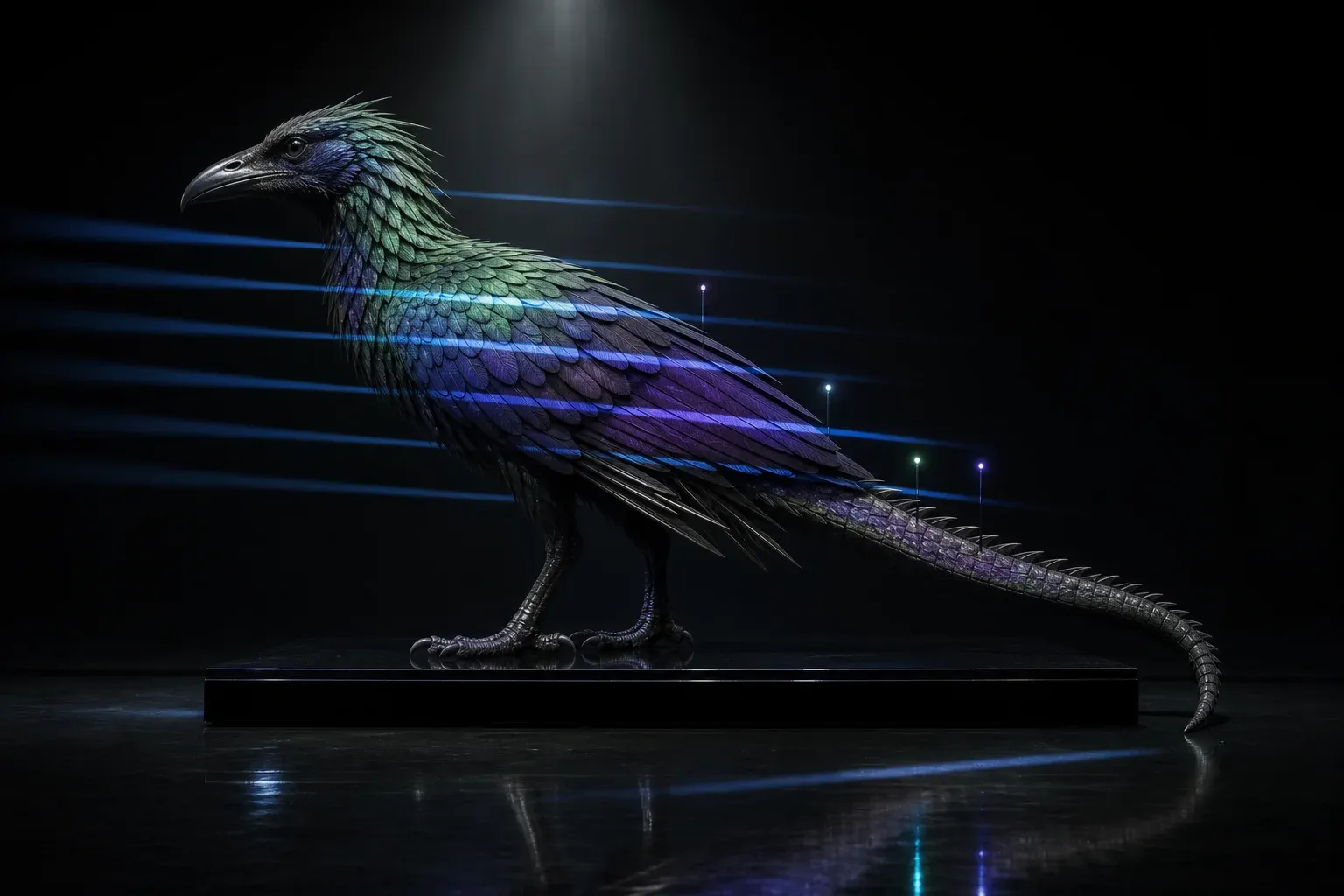 An iridescent feathered reptilian creature on a black plinth in a dark studio, with bands of blue light sorting rows of its feathers.