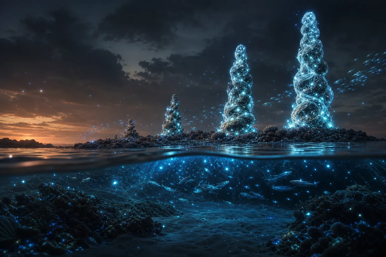 Four coral spires of increasing height and glowing density rise from a reef at dusk, seen from just above the waterline.