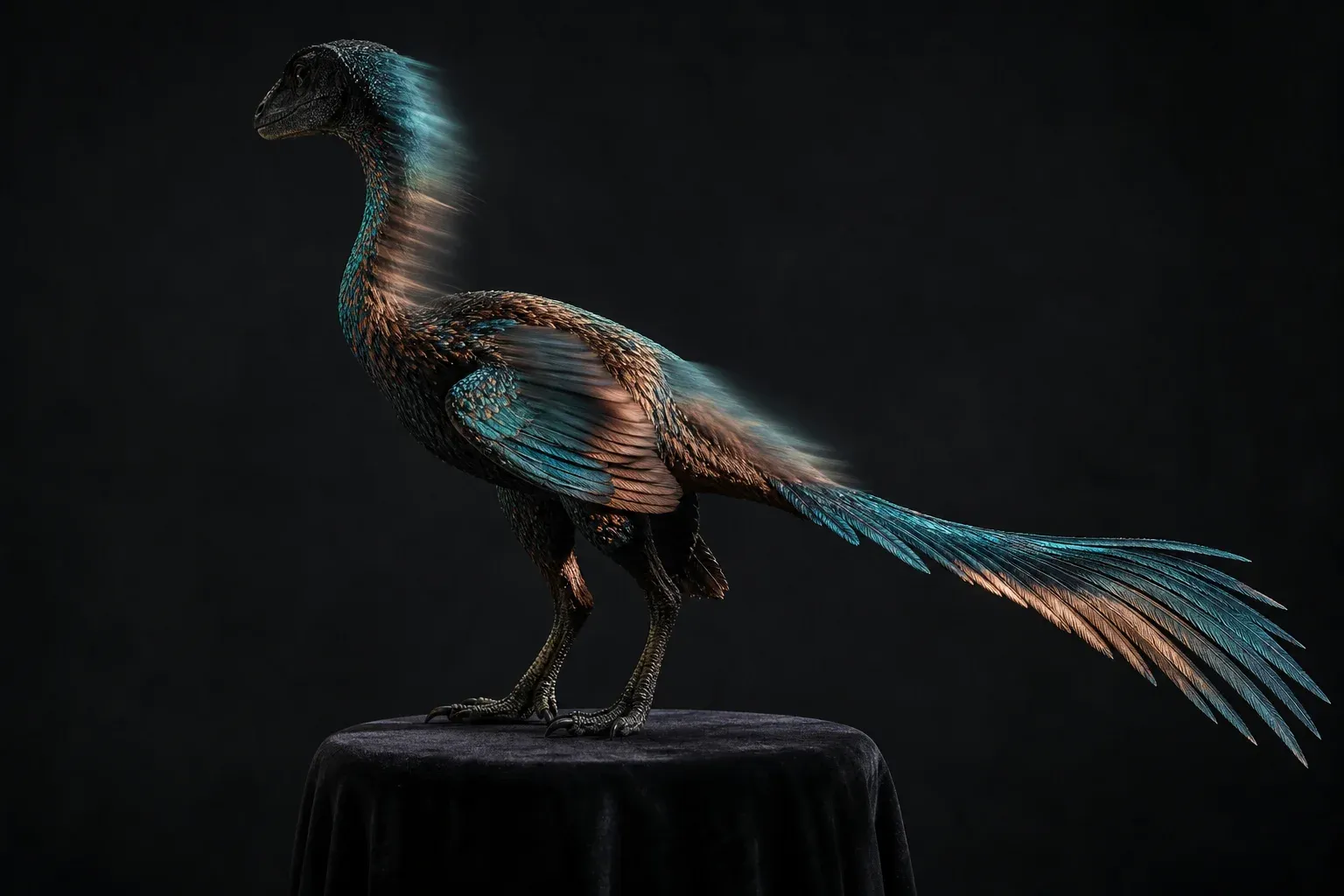 A studio-lit iridescent feathered creature on a dark plinth, its plumage razor-sharp in most places but blurred into unresolved patches on the neck, wing, and tail.