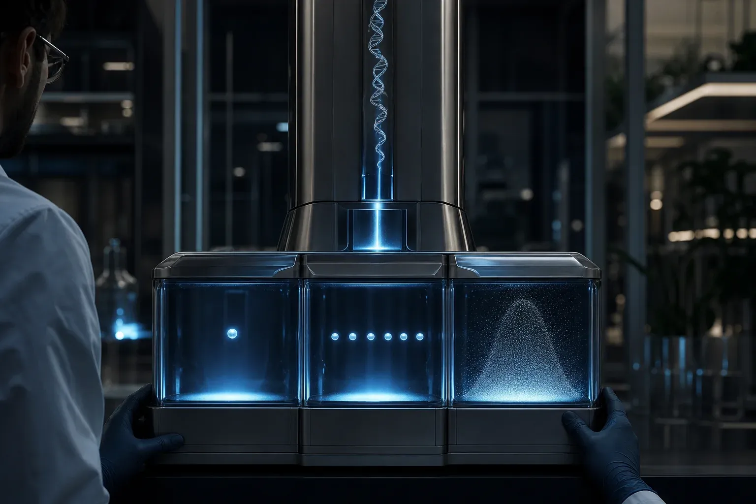 A lab machine splitting a glowing DNA strand into three glass channels holding one bead, a few beads, and a dense particle cloud.
