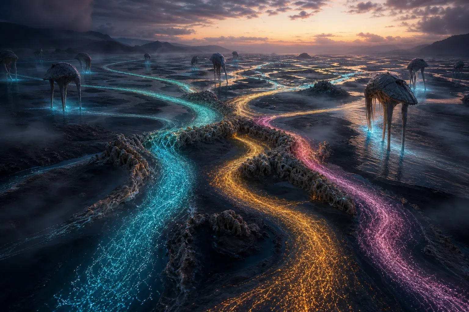 Aerial view of a branching glowing river delta where channels of luminous filaments split into separate colored streams past wading animals.