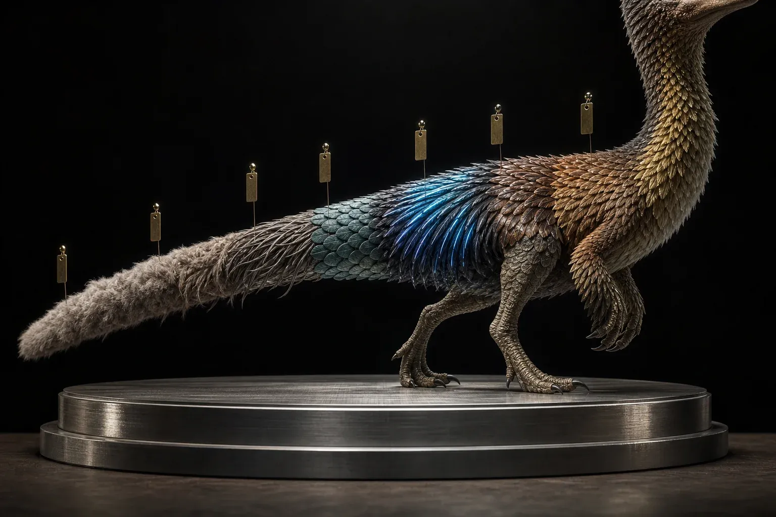 A feathered reptile specimen on a steel plinth, its plumage arranged in seven progressively refined bands hung with small blank brass tags.