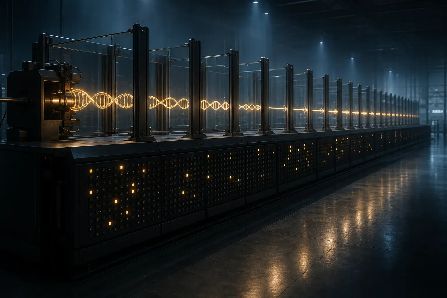 A laboratory machine draws a glowing DNA strand through glass gates while a few amber lights stay lit along its side.