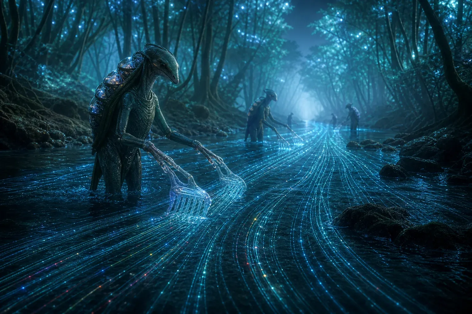 Tall wading creatures comb millions of glowing threads into parallel rows in a river inside a bioluminescent forest at night.