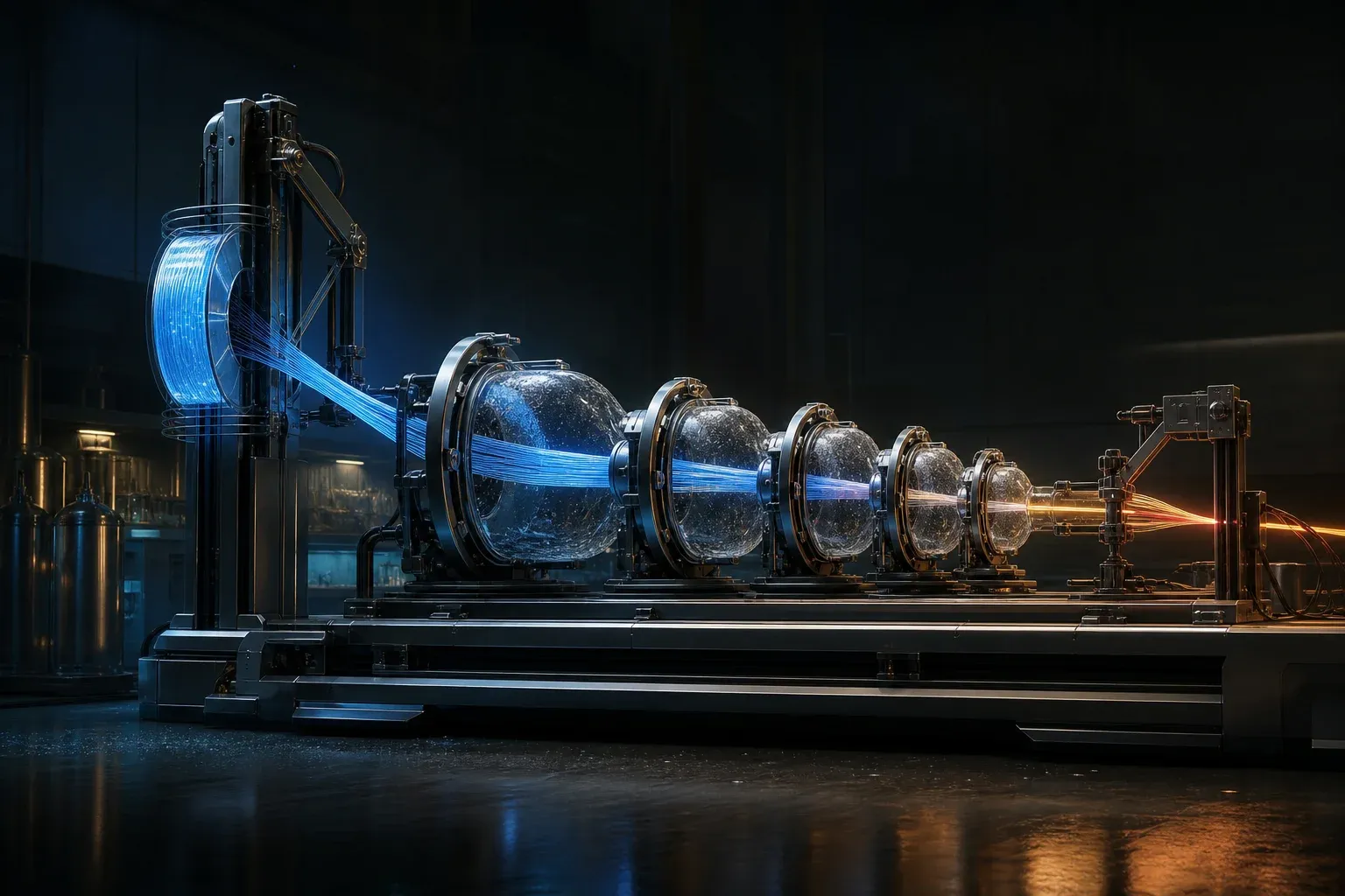 A laboratory instrument funnels a thick bundle of glowing blue fibers through narrowing glass chambers until only a few amber strands emerge.