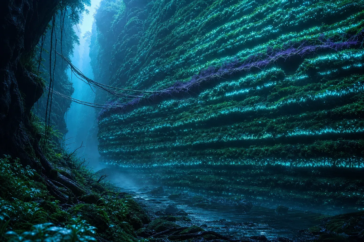 A canyon wall in a glowing forest made of hundreds of stacked bands of luminous moss filaments, with one violet seam running through them.