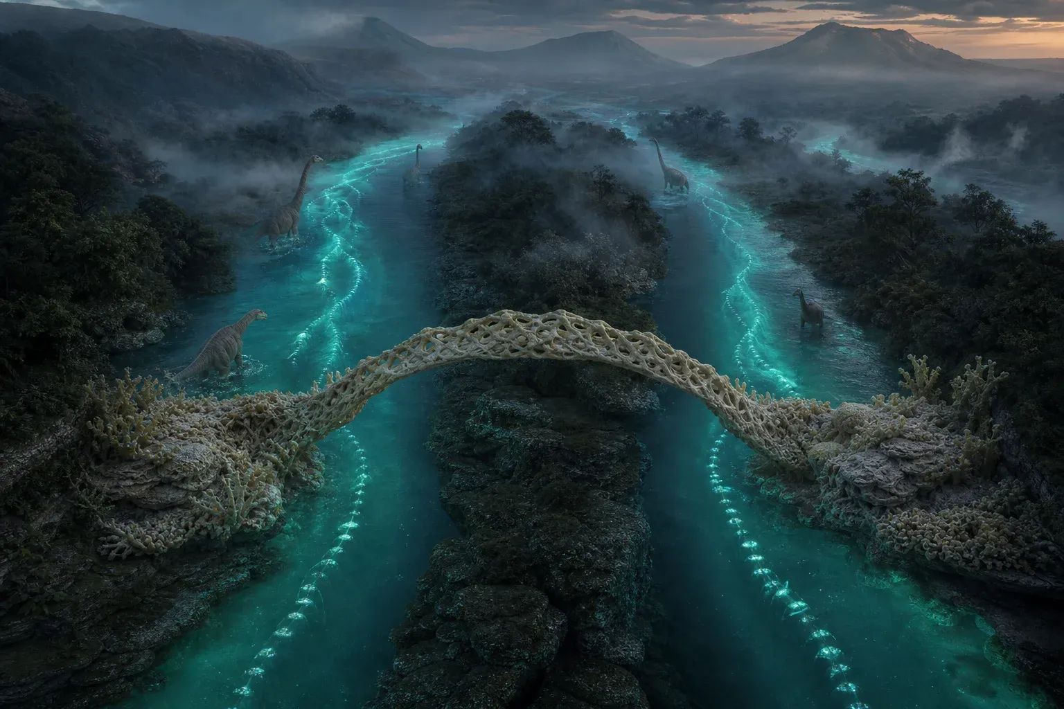 Two parallel glowing rivers of aligned fish in a misty valley, joined by an arched coral land-bridge, seen from a ridge above.