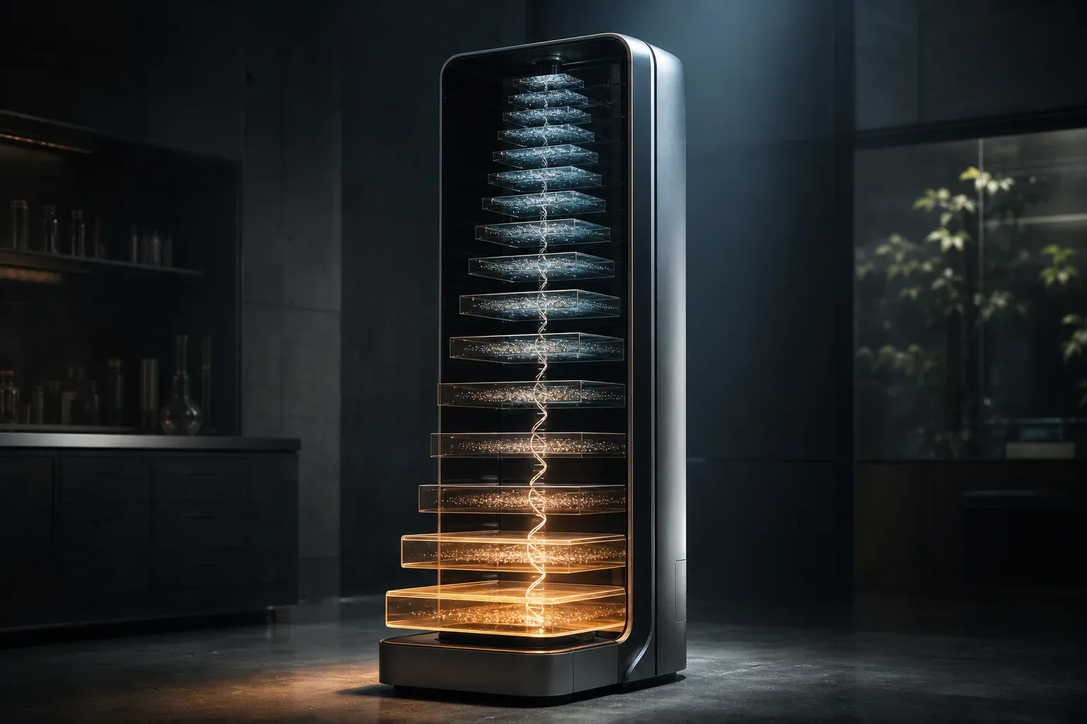 A sequencing machine holding a stack of glass trays with a glowing DNA strand threaded down through them in a dark lab.