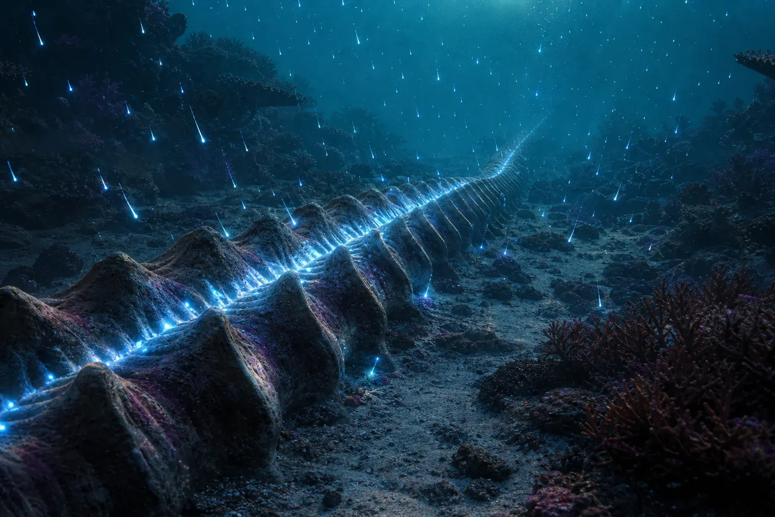 Short glowing filaments drift down and settle into matching notches along a huge ridged coral spine on a dim reef floor.