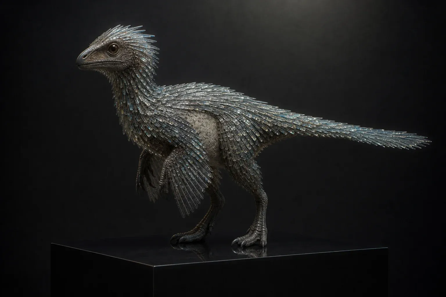 A small feathered dinosaur on a black plinth, its plumage made of glowing overlapping quills with a bare gap along one flank.