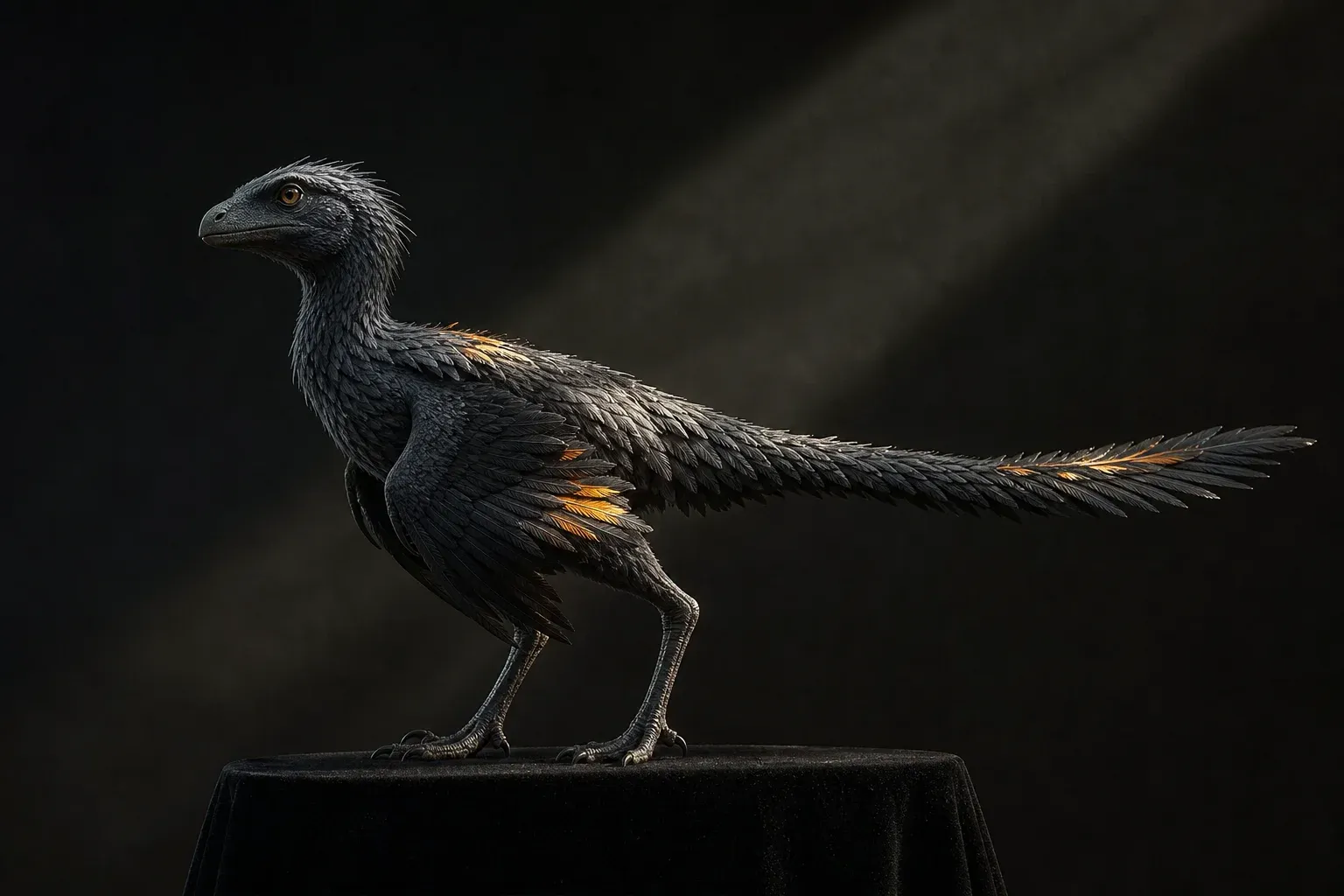 A feathered hybrid creature on a dark plinth under a sweeping light beam, with a few scattered feathers glowing amber.