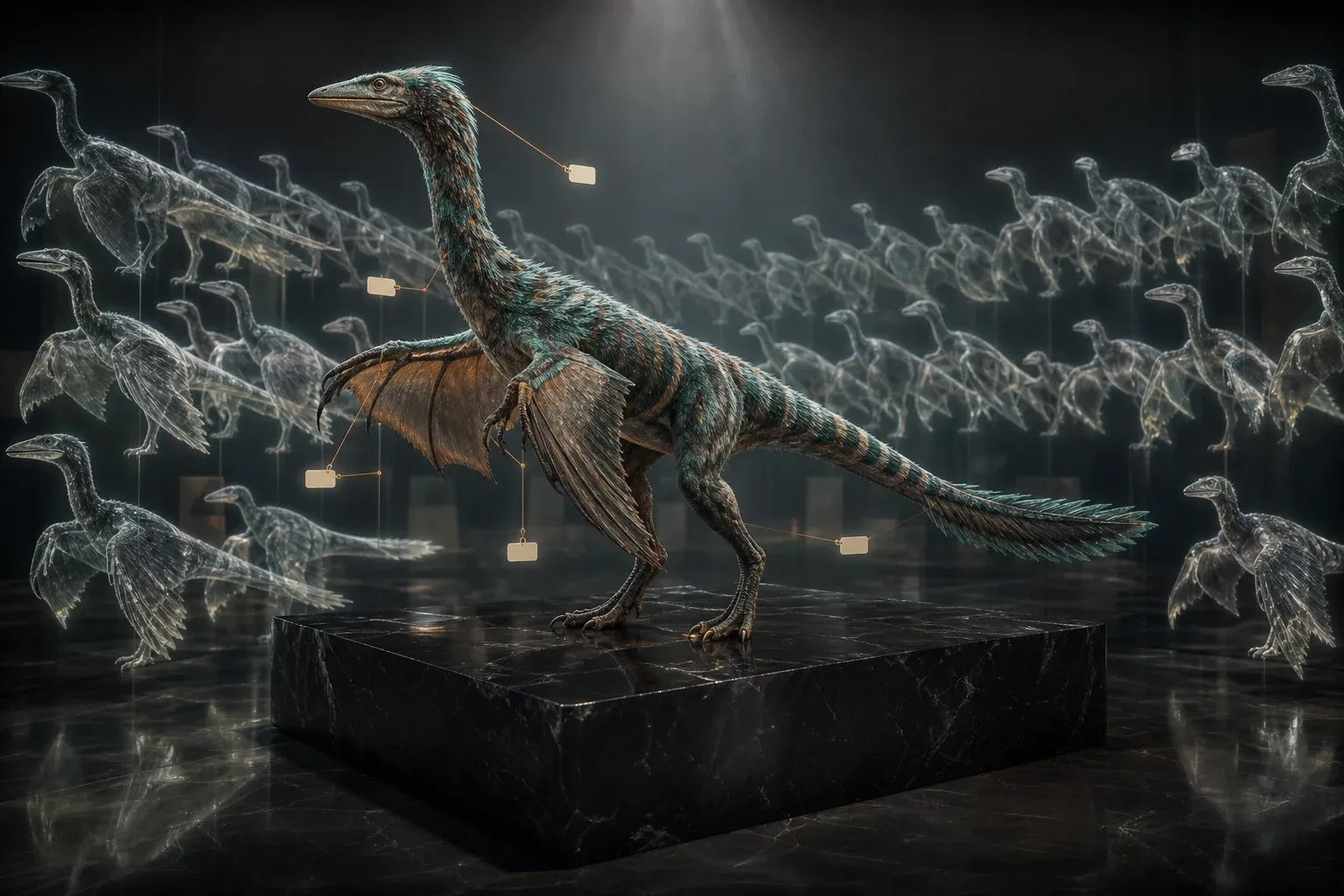 A feathered reptile specimen on a black plinth, lit from above, with rows of identical translucent glass casts glowing behind it.