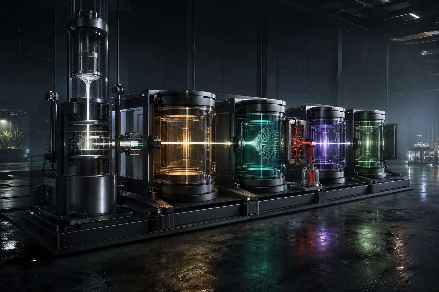 A tall laboratory machine drawing a glowing strand through five colored glass stages, where fine threads align against a reference and a few flare red.
