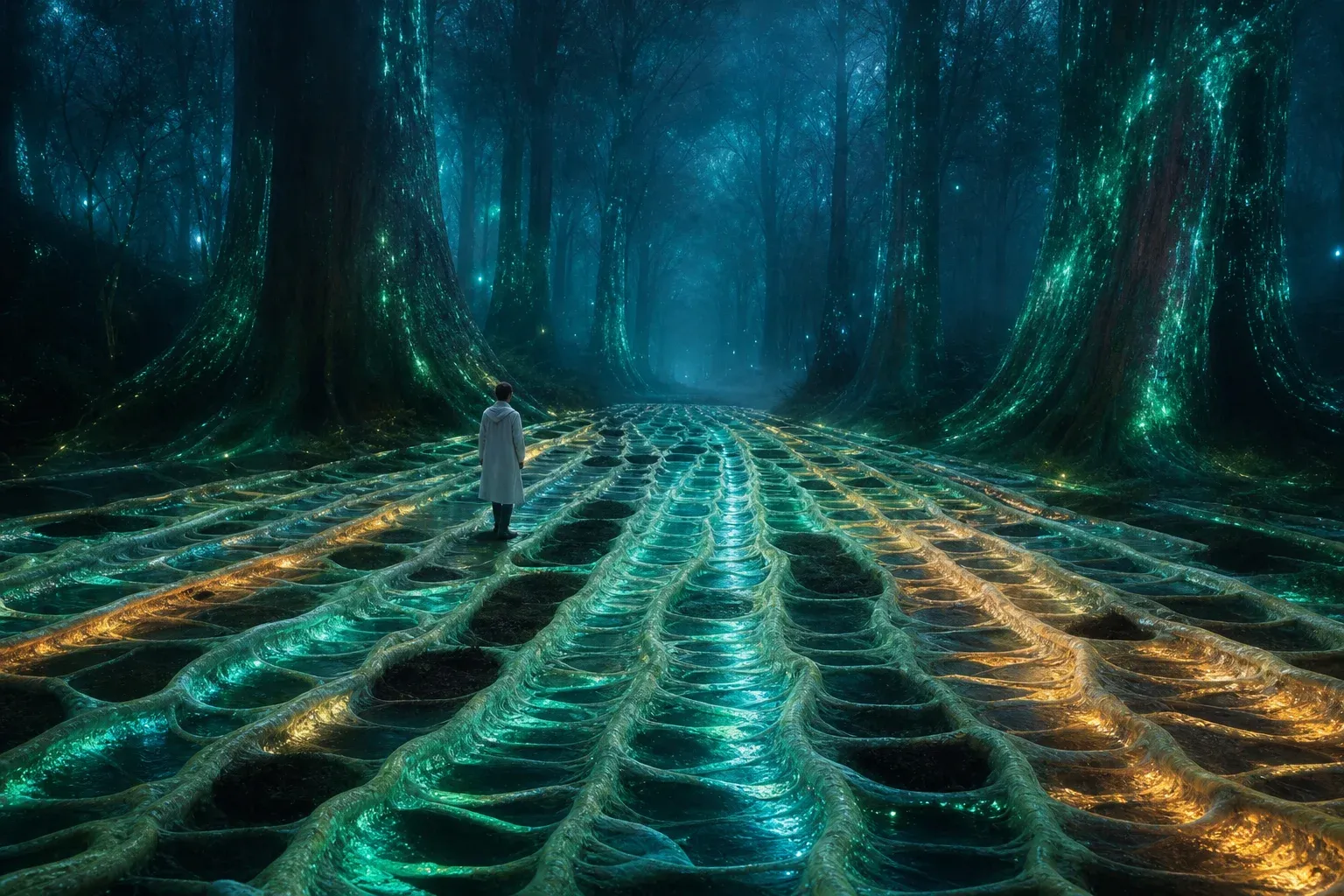 Glowing parallel roots on a night forest floor form long lit lanes with a few dark gaps, receding into mist.