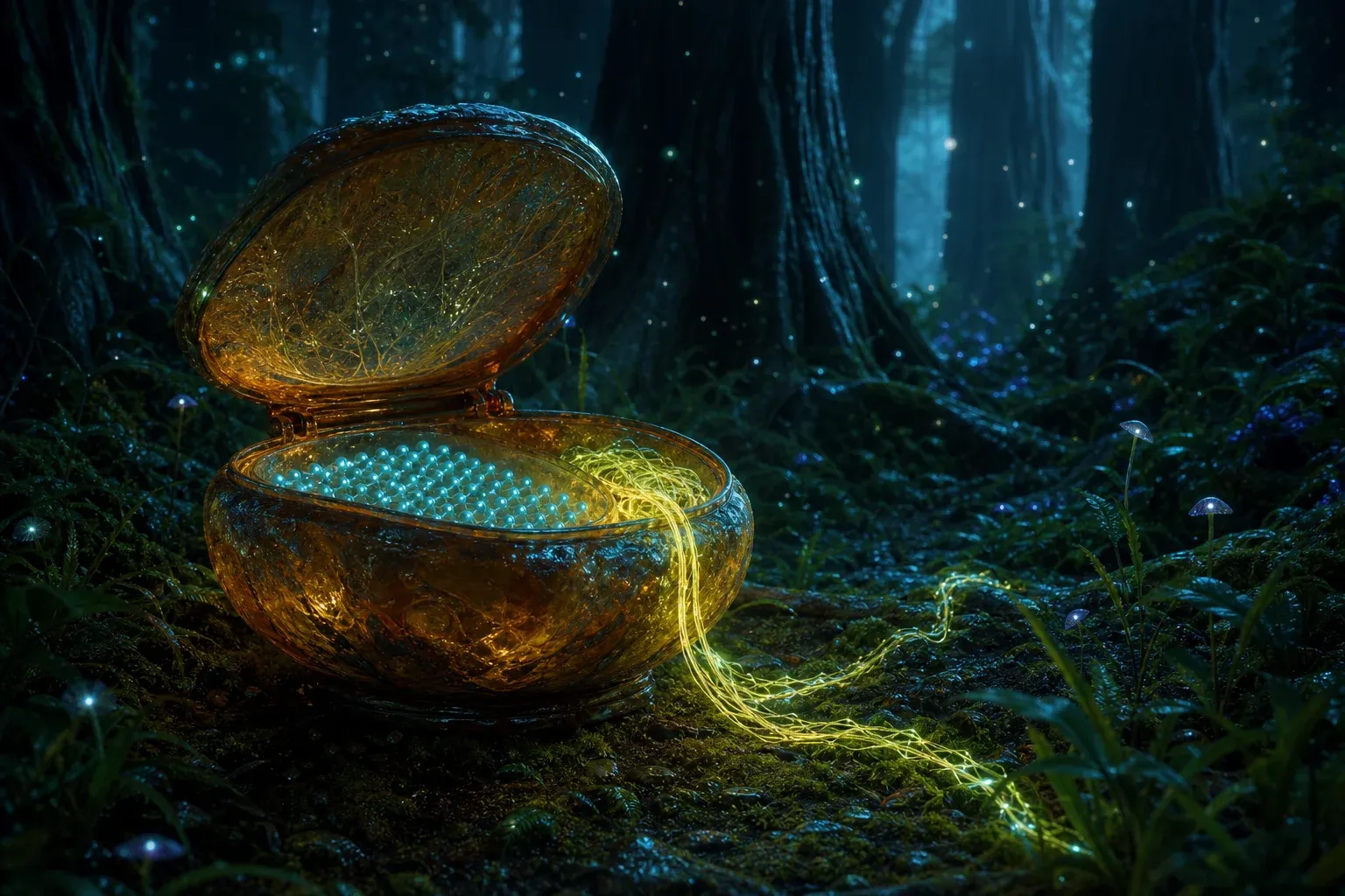An open resin collection pod glowing in a night forest, holding a grid of separate cyan dots beside one continuous glowing filament that trails away.