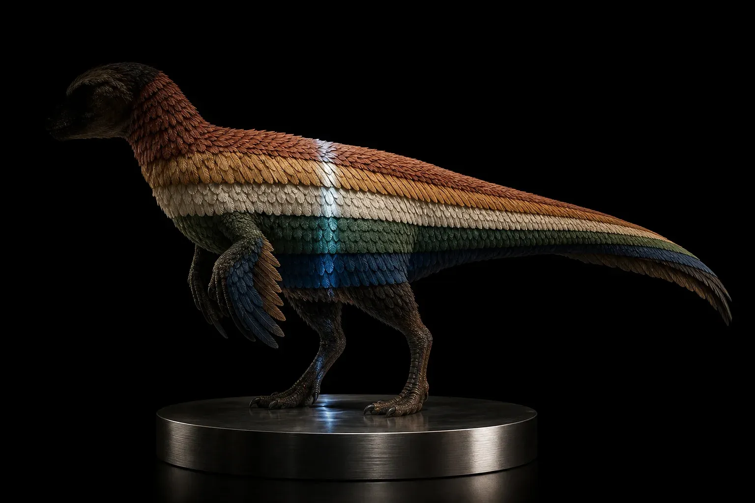 A feathered dinosaur specimen on a steel plinth against black, its plumage in stacked horizontal color bands crossed by one vertical band of light.