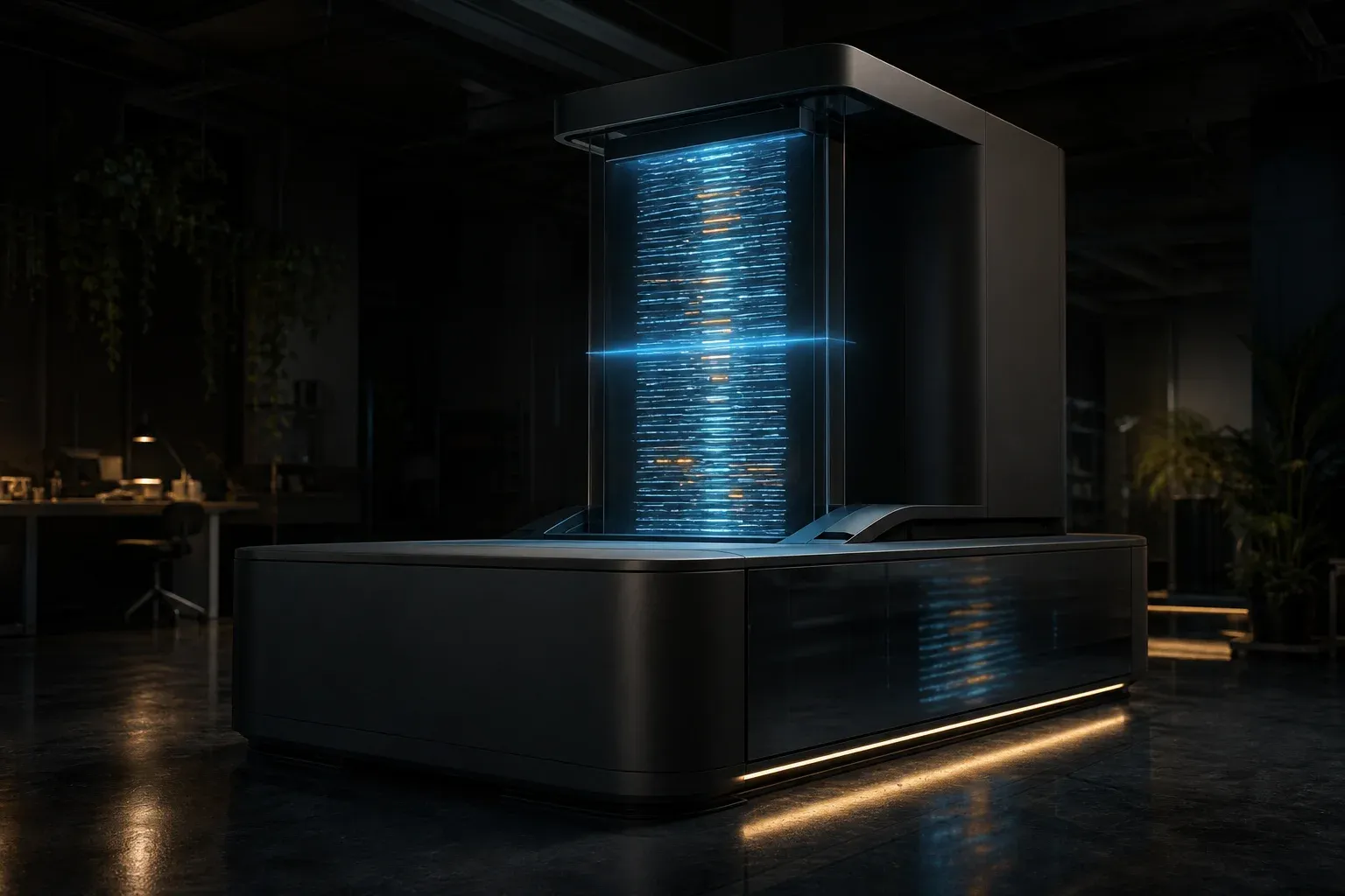 A dark lab instrument projects a hovering stack of short glowing filaments aligned over one long strand, a few lit amber.