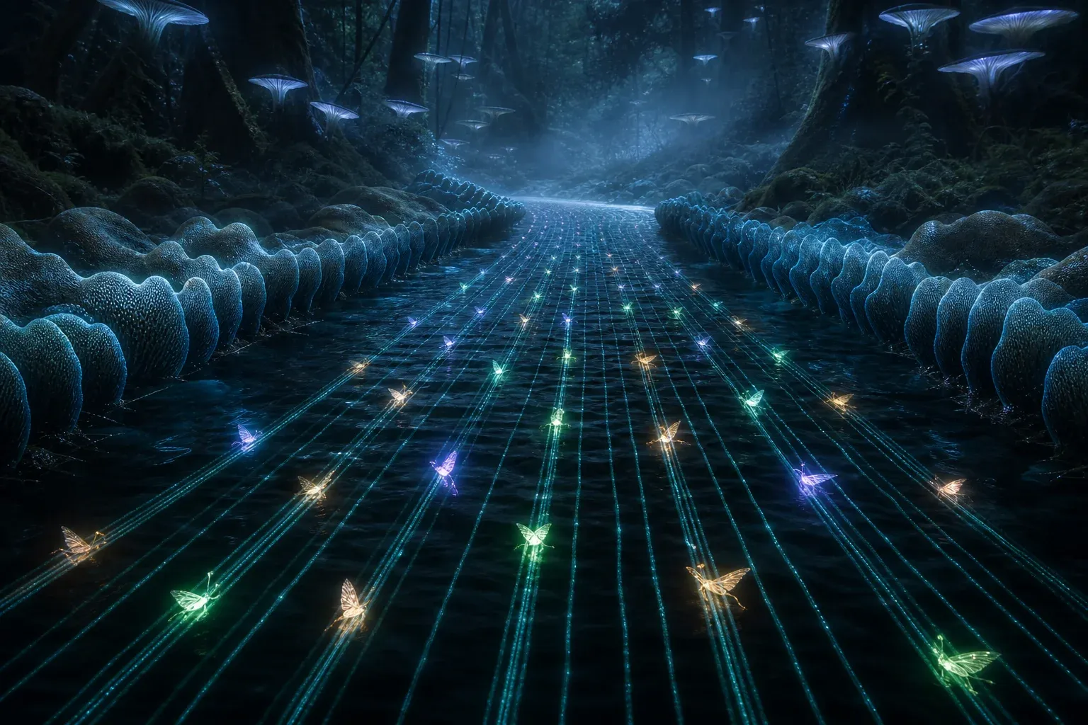 Glowing threads in a dark forest river are combed into parallel lanes, with colored glowing insects perched at scattered points along them.