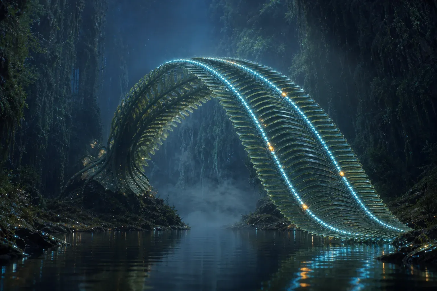 Two giant glowing fronds hang side by side over a dark river in a misty forest, their matched rows of blue beads broken by a few amber ones.