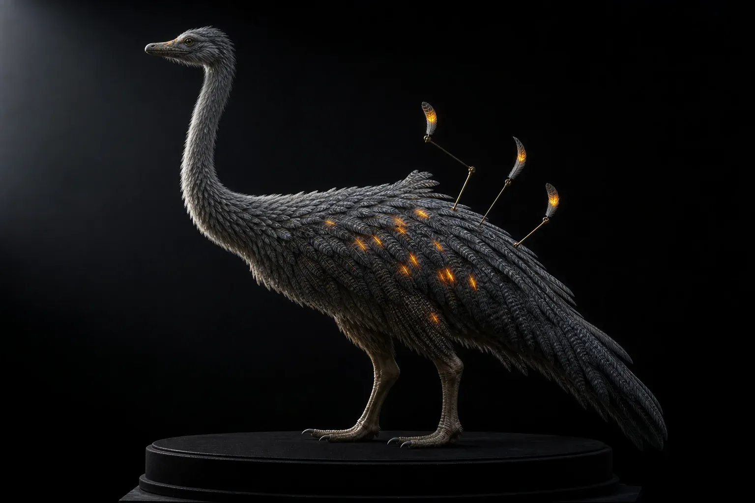 A feathered creature on a black plinth, its slate plumage speckled with a few glowing amber feathers lifted by brass pins.