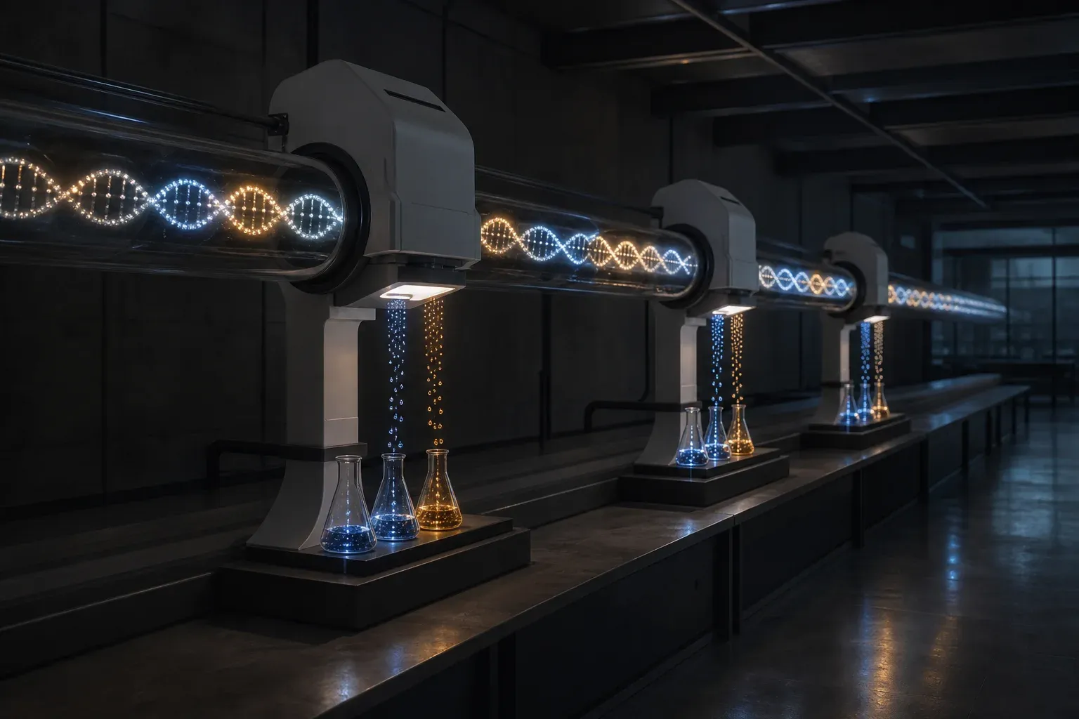 A glowing DNA strand travels through a long glass tube past three machine heads that sort its light into columns of colored droplets.