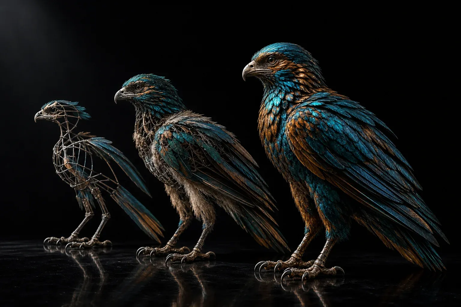 Three mounted feathered dinosaur specimens in a dark studio, ranging from a bare armature to a fully plumed iridescent animal.