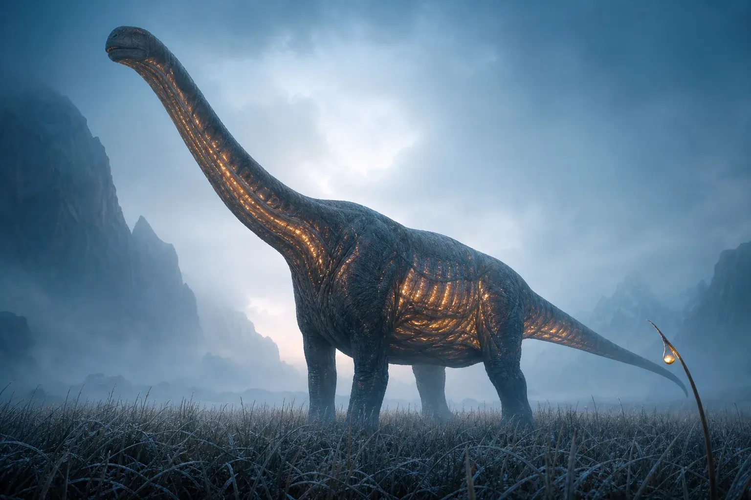 A glowing-veined grazing beast in a misty dawn valley, with a single still amber droplet suspended on a grass blade nearby.