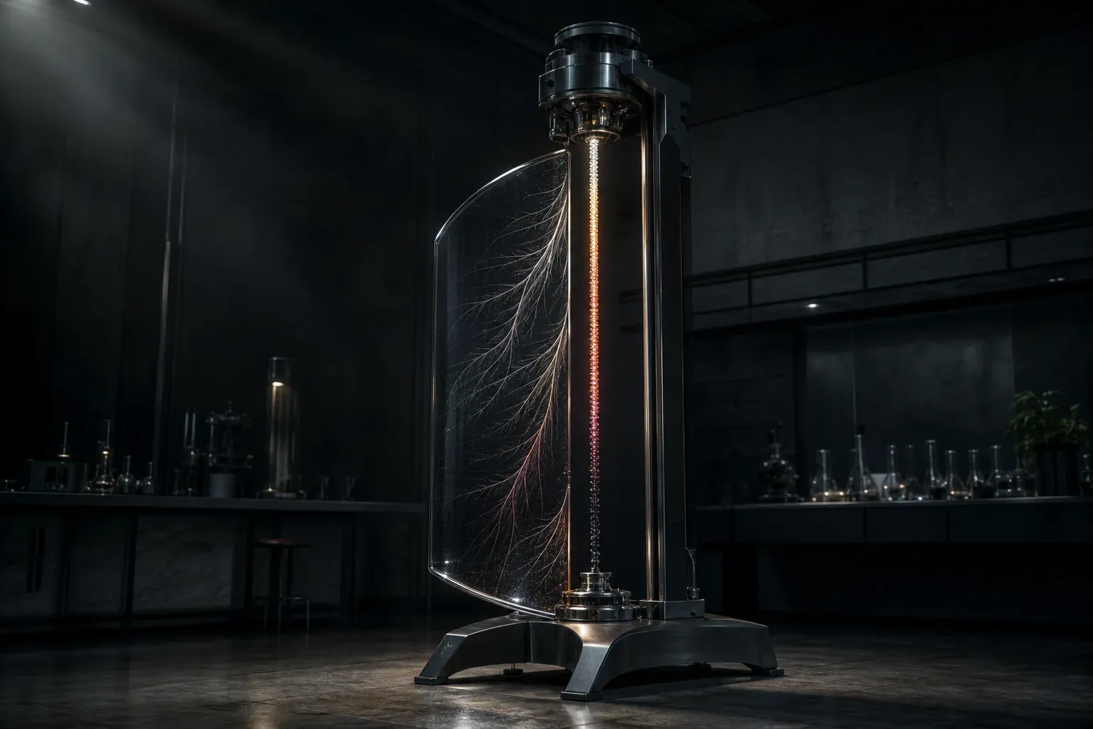 A laboratory instrument holding a vertical wire of glowing beads sorted by brightness, with luminous branching filaments gathering in bundles behind it.
